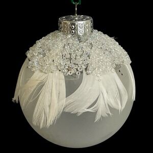 Crate & Barrel Frosted‎ Glass 2 Ornaments White Feather Beaded Cap Glam